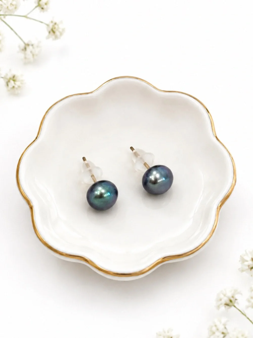 10k Yellow Gold Cultured Black Pearl Stud Earrings NEW Made in Italy